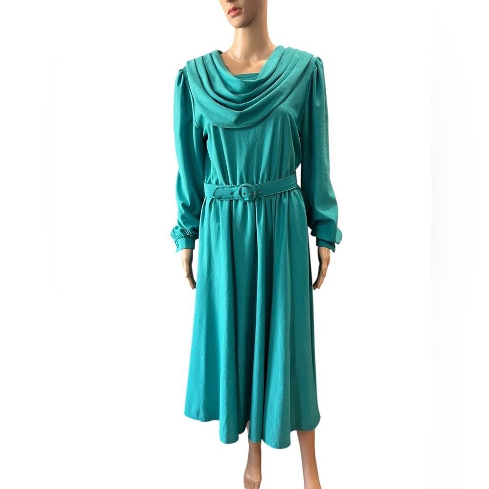 Glamorous handmade aqua cowl neck long sleeved vintage fit n flare disco dress